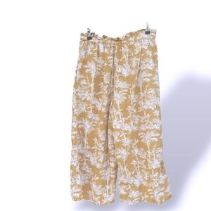 American Eagle Palm  Coastal Tropical Wide Leg Crop Pants Ruffle Waist Tan Large